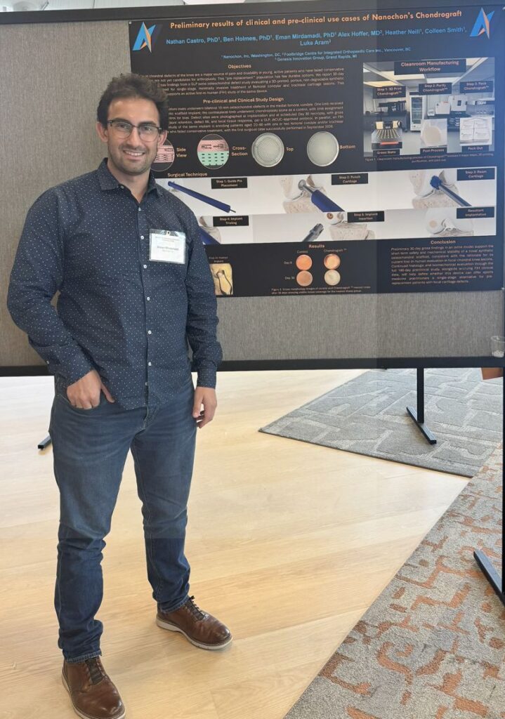 Nanochon team member presenting the Chondrograft research poster at the MSCRF 20th Anniversary event